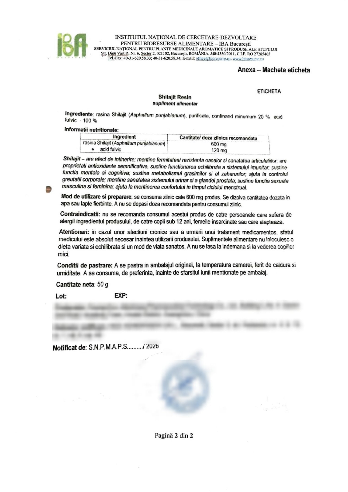 Aviz de notificare SNPMAPS — pagina 2 (eticheta)